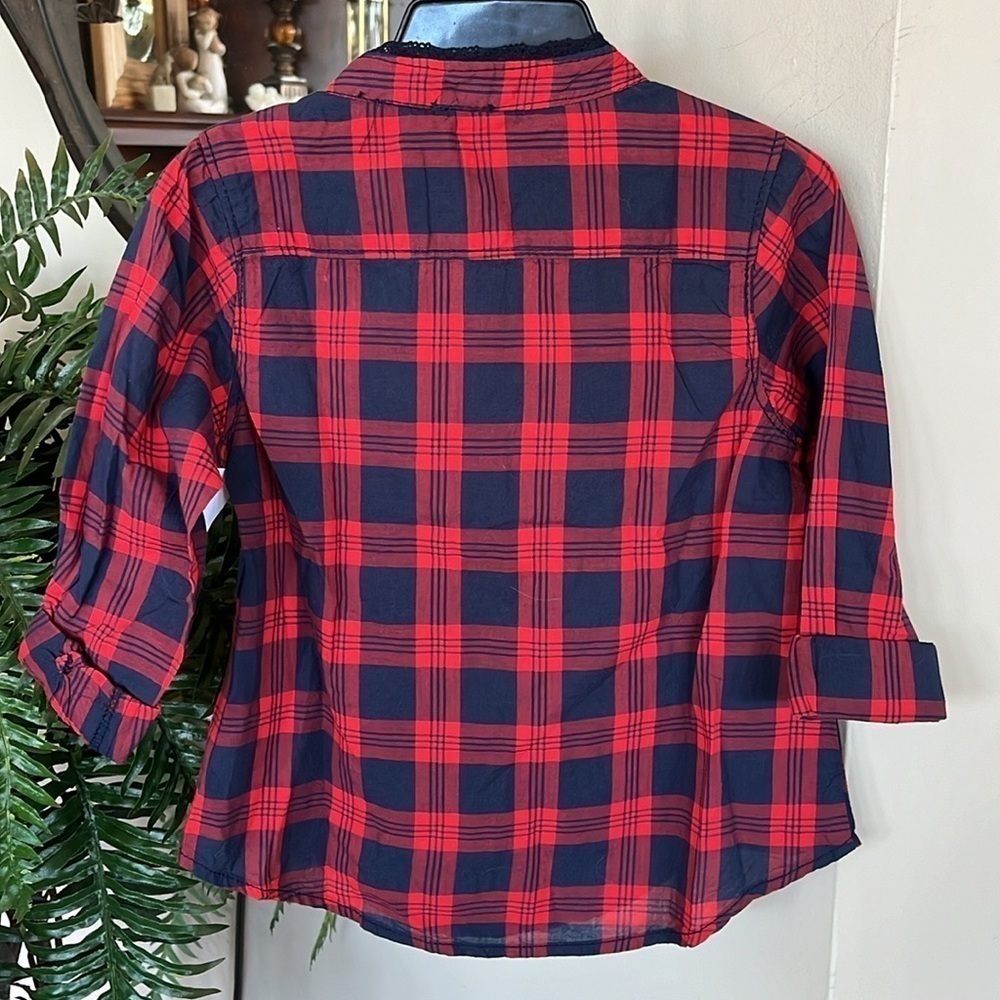 Brand New OshKosh B’Gosh Red & Navy Blue Plaid Shirt Button Up Cotton Blouse - Picture 8 of 10